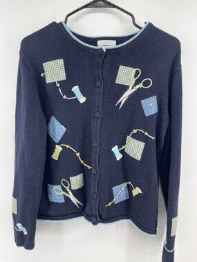 Christopher & Banks VTG Teacher Crafter Y2K Navy Blue Hand Embroidered Sweater M